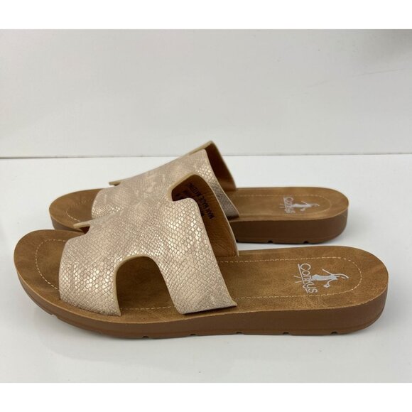 Corkys Sandals Women's 6 Bogalusa Slide Tan Faux Leather Open Toe Slip On Wedge - Picture 4 of 9